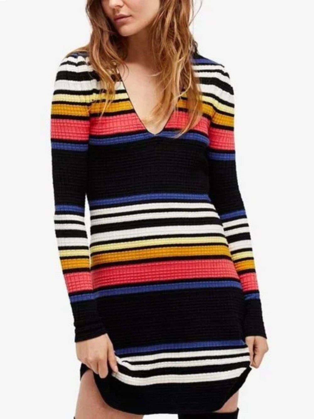 Free People black white pink striped waffle knit v-neck Gidget sweater dress